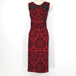 Beige By ECI Dress Sz 10 Black Velvet On Red Pencil Sheath Mesh Cut Outs Zip